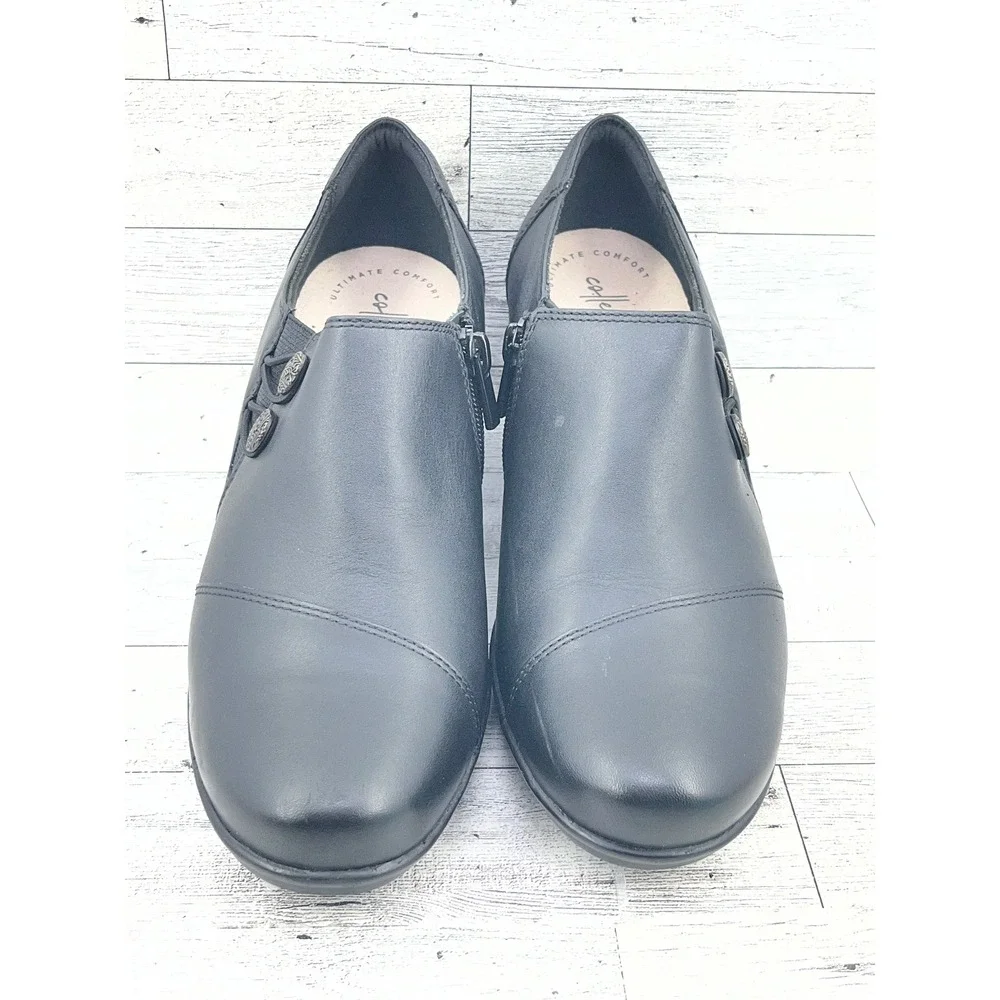 Clarks Collection Black‎ Leather Button Zip Shooties Block Heel Women Sz 9.5M